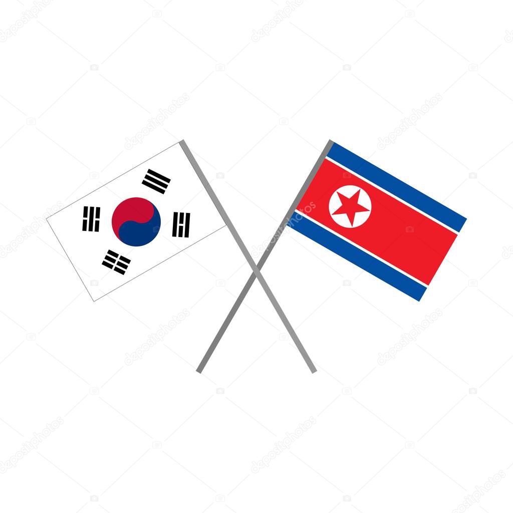 Vector illustration of the South Korea flag and the North Korea (DPRK) flag crossing each other representing the concept of cooperation and friendship