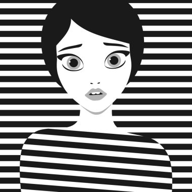 Çizgili bir gömlek giyen siyah ve beyaz güzel genç esmer kız Vektör illüstrasyon. Moda kız vektör karakteri.