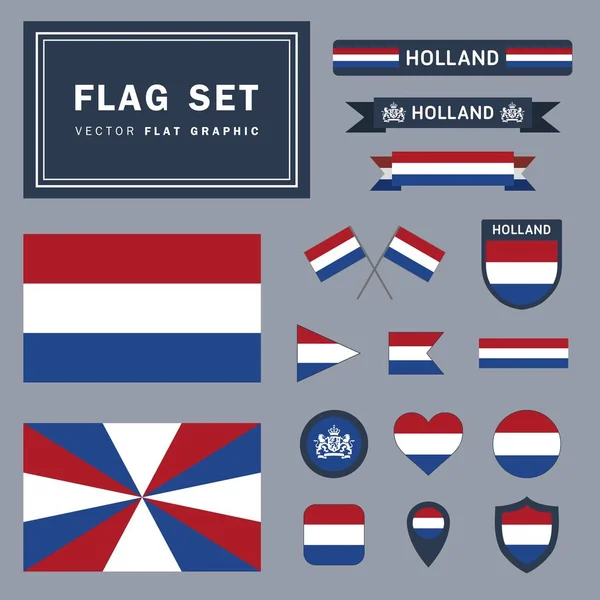 Vektor Set Sammlung Von Verschiedenen Holländischen Niederländischen Flaggen Bezogenen Illustrationen — Stockvektor