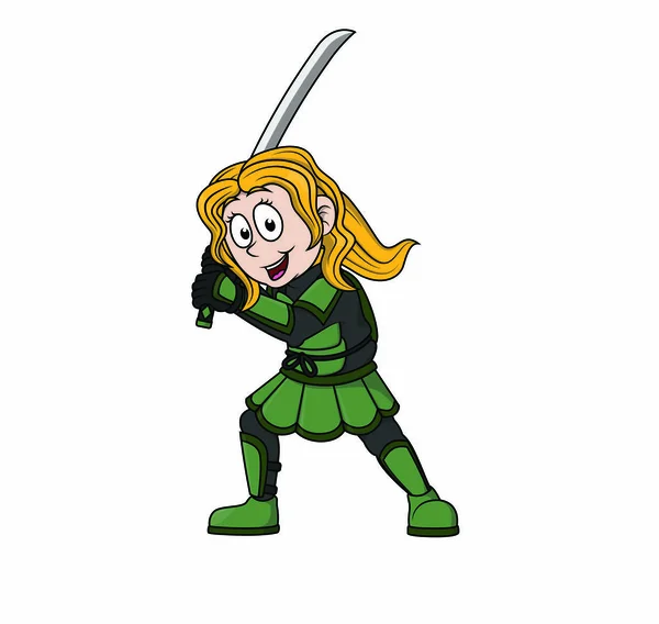 绿色武士女孩抱着卡塔娜 — 图库矢量图片