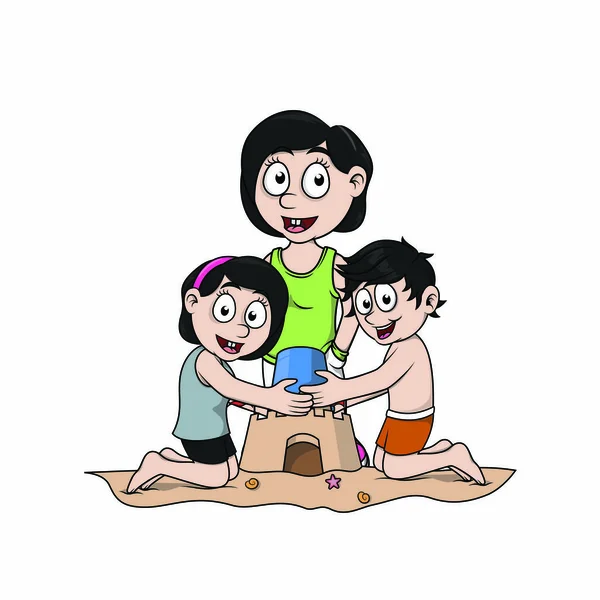 Niñera Con Los Niños Jugando Arena — Vector de stock