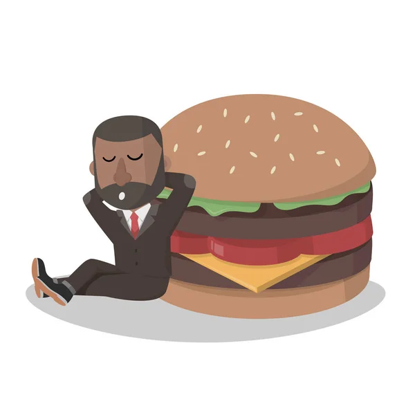 Bussinessman Leaning Big Burger Sleep — Stock Vector