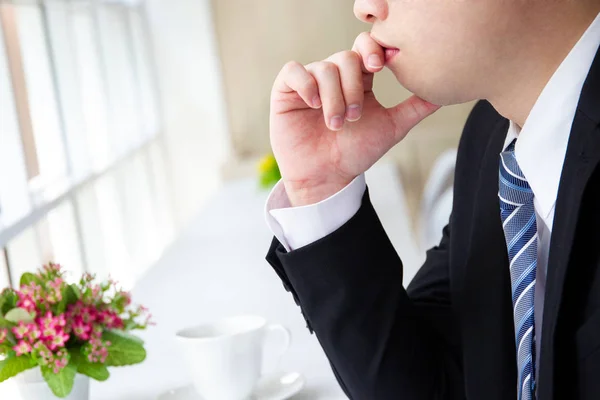 Business Man Sitting Coffee Bar Window Close — Stock Photo, Image