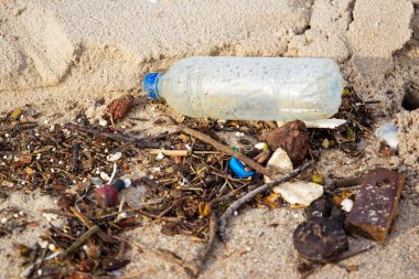 Kirli plaj plastik çöp ve kirli çevre ile tam.