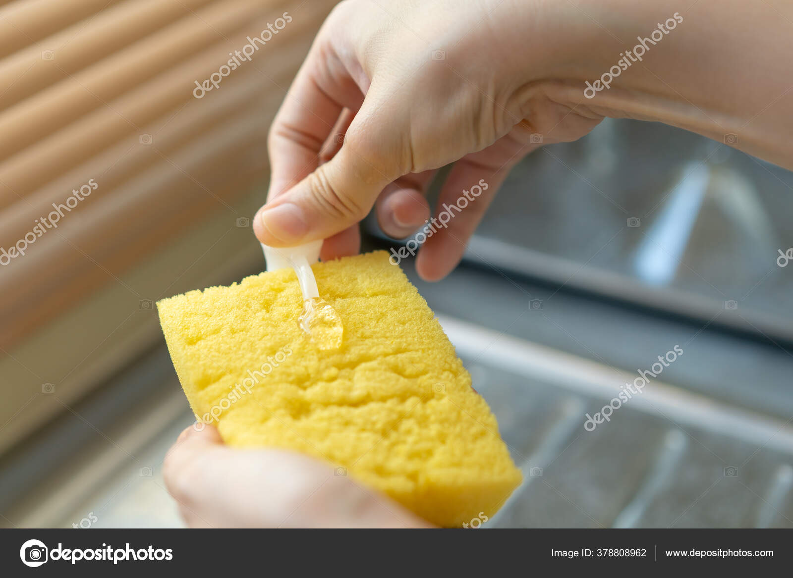 Woman Using Dishwashing Liquid Yellow Sponge Close Housekeeper Washing