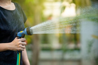 Güzel Asyalı kadın evinin arka bahçesinde çiçek suluyor. Bahçedeki bir ağaca su döken kadın. Evde kalırken bahçıvanlığın keyfini çıkarın..
