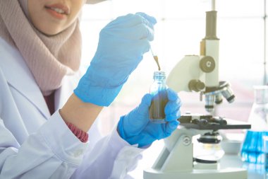 Güzel Asyalı genç Müslüman kadın laboratuvarda kimya deneyi yapıyor. Laboratuvar konseptinde kadın müslüman bilim adamı..
