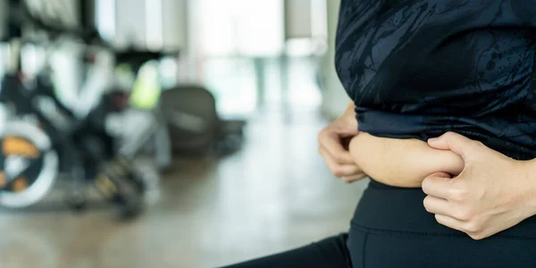 Asian Fat Woman Grabbing Her Stomach Belly Fat Woman Worried — Stock Photo, Image