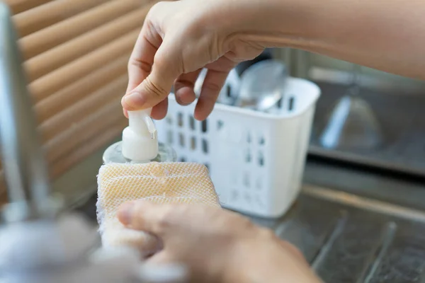 Woman Using Dishwashing Liquid Yellow Sponge Close Housekeeper Washing Dirty — Stock Photo, Image