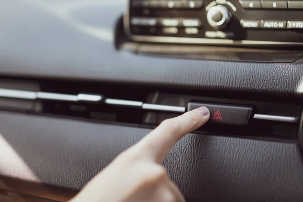 Driver Pressing Hazard Button Car Dashboard Close Audio Entertainment Control — Stock Photo, Image
