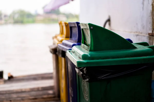 Dirty Public Plastic Bins Garbage Bag Close — Stock Photo, Image