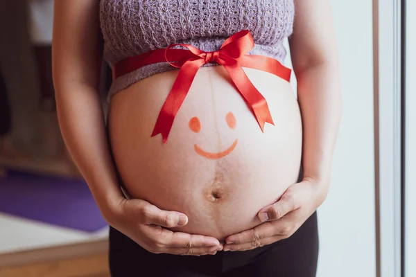 Big Belly Pregnant Woman Happy Mother Pregnancy Concept Smile Face — Stock Photo, Image