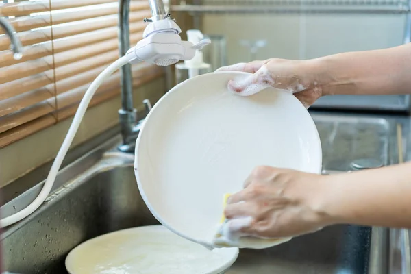 Woman Using Dishwashing Liquid Yellow Sponge Close Housekeeper Washing Dirty — Stock Photo, Image