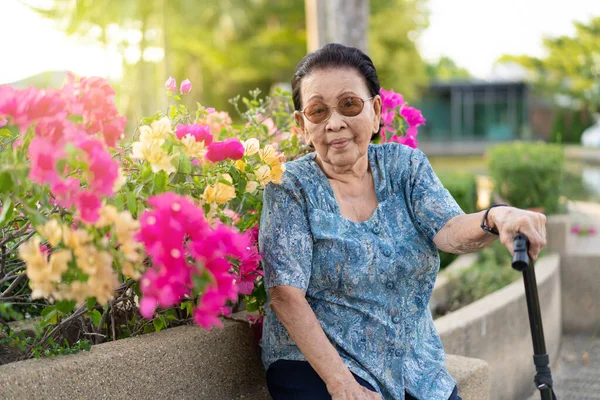 Ritratto Donna Asiatica Anziana Circa Anni Che Rilassa Parco All — Foto Stock