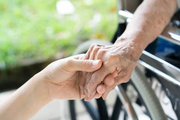 Young Granddaughter Taking Care Grandmother Tender Care Wrinkled Hands Very — Stock Photo, Image