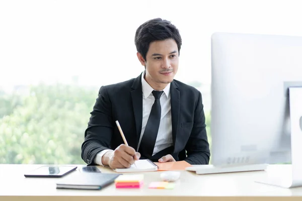 Handsome Asian Young Manager Working Office Close Smart Well Dressed — Stock Photo, Image