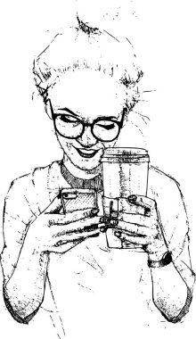 Kahve ve telefon vektör sanat ile kız