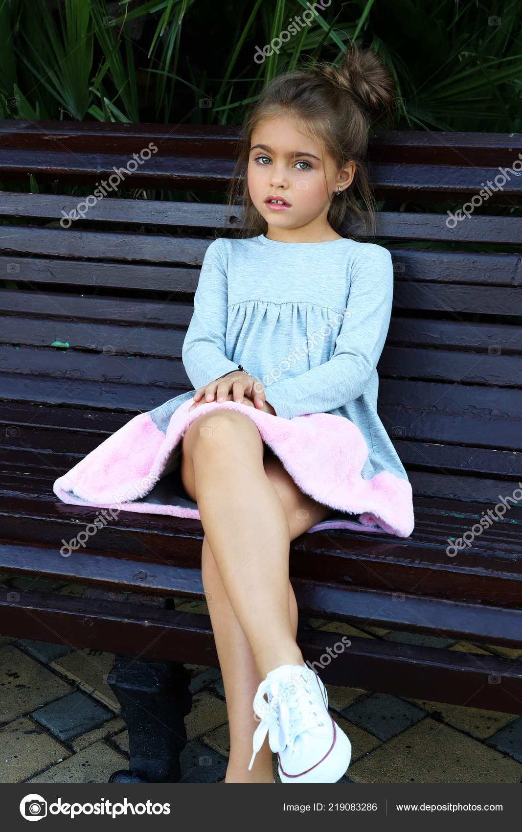 Kid Teen Girl Blonde Sitting Bench Short Skirt Stock Photo by ©be10ve ...