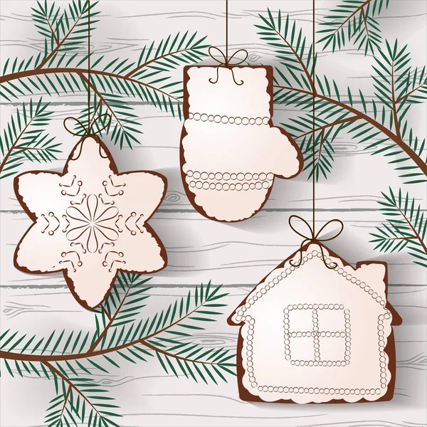 Galletas de Navidad colgando de las ramas del árbol — Vector de stock