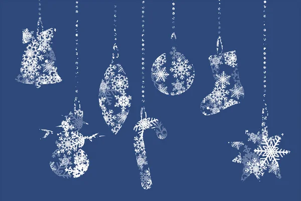 Siluetas de elementos de Navidad en el fondo de los copos de nieve — Vector de stock