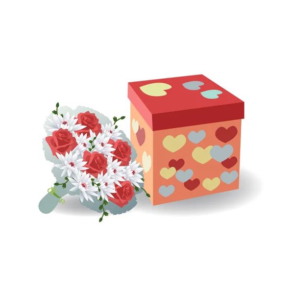 Μπουκέτο με κόκκινα τριαντάφυλλα με ένα κουτί δώρου με καρδιές... Εικονογράφηση διάνυσμα σε λευκό φόντο — Διανυσματικό Αρχείο