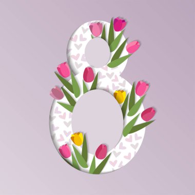 8 Mart. Uluslararası Kadınlar Günü vektör tebrik kartı dekor kağıdı ile Lale kesti. Sayı 8-tarzda kesilmiş kağıt.
