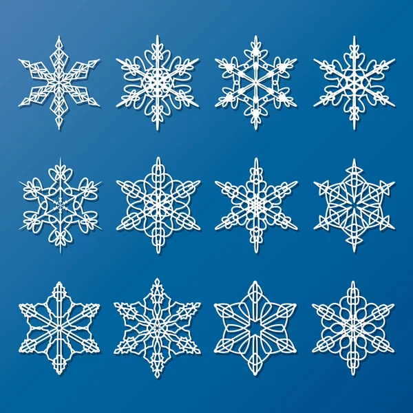 Set Schneeflocken, Spitzenweberei. Vektorillustration von Wintermustern — Stockvektor