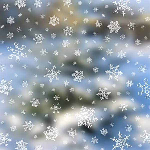 Winter Background With Beautiful Different Snowflakes On Blurry Nature Image — Stock Vector