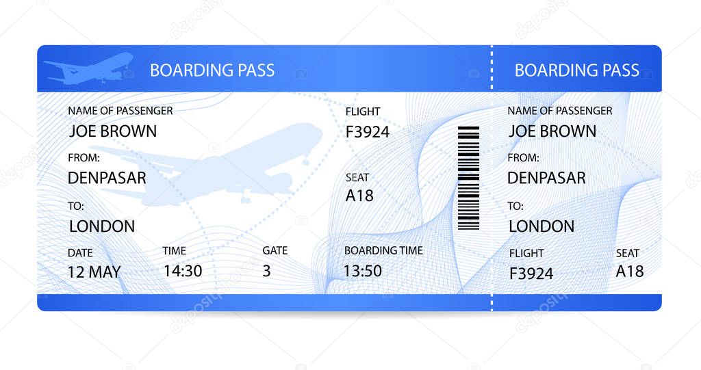 Boarding pass (ticket, traveler check template) with aircraft (airplane or plane) silhouette on background. Travel by Aerial Transport. Enjoy your vacation. Isolated vector on white