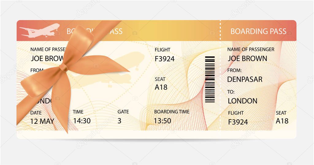 Boarding pass (ticket, traveler check template) with gift bow, aircraft (airplane or plane) silhouette on background. Travel by Aerial Transport. Enjoy your vacation. Isolated vector on white