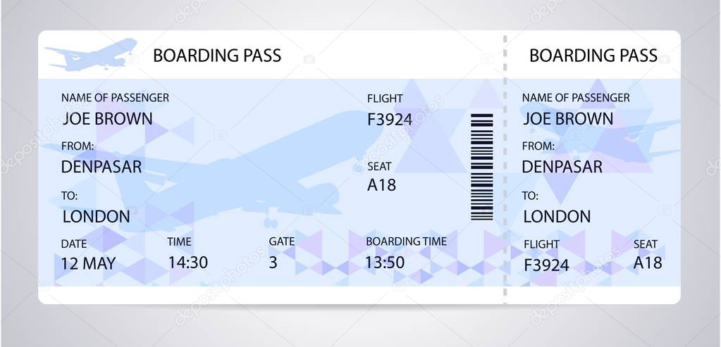 Blue boarding pass (ticket, traveler check template) with aircraft (airplane or plane) silhouette on background. Travel by Aerial Transport. Enjoy your vacation. Isolated vector on white