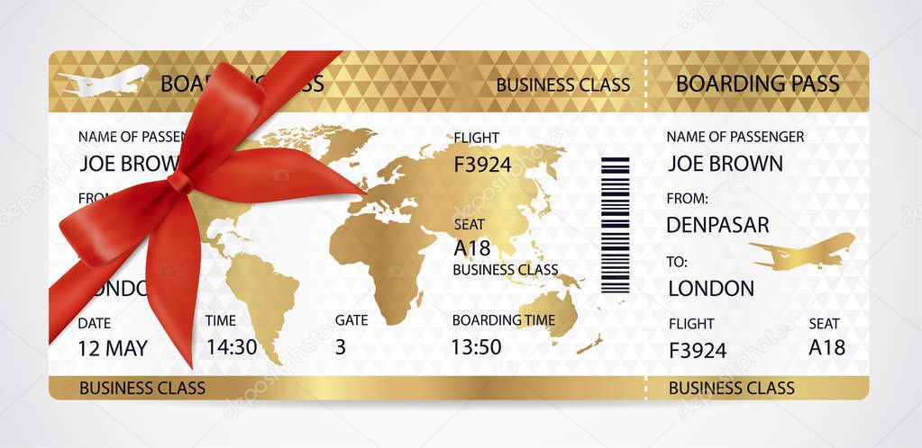 Golden Boarding pass (ticket, traveler check template) with aircraft (airplane or plane) silhouette on gold guilloche background. Travel by Aerial Transport. Enjoy your vacation. Isolated vector on white