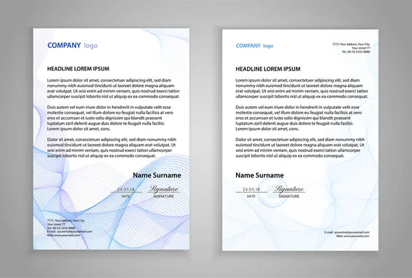 信头模板 可打印商务信函版式 企业标识设计页面的现代示例 公司纸样机图像与 Guilloche 白色背景与正式蓝色样式 — 图库矢量图片