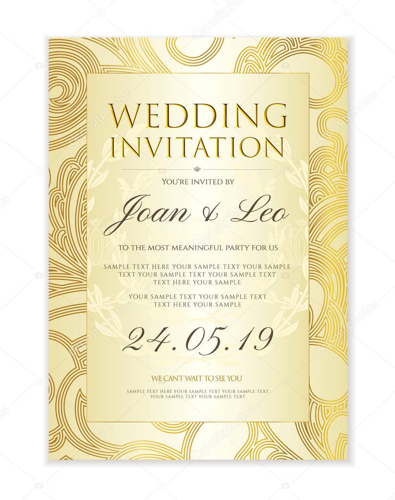 Plantilla Diseño Invitación Boda Guardar Tarjeta Fecha Fondo Dorado Clásico  Vector de stock por ©Shiny777 204230882, image size:809x1023