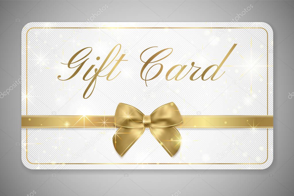 Gift card (Gift card discount), Gift coupon with golden ribbon, gold bow and star pattern. White background design (light) for voucher template design, invitation, ticket. Vector