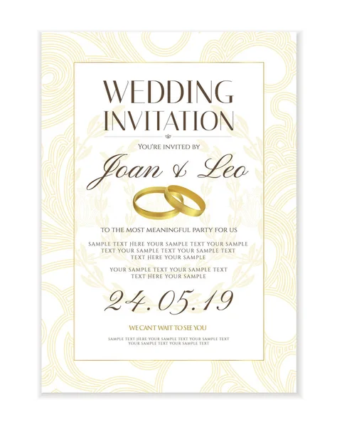 Wedding Invitation Design Template Date Card Classic White Background Gold — Stock Vector