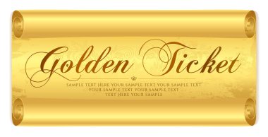 Golden ticket, Gift Certificate / Gift Voucher vector template design on gold scroll paper background. Useful for Coupon, any festival, party, cinema, event, entertainment show, concert clipart