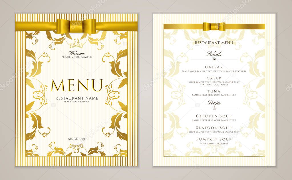 Design Restaurant Menu template with gold floral border frame (stripy pattern). Elegant luxe gold cover useful for Cafe Menu, brochure, coffee house, wedding invitation design