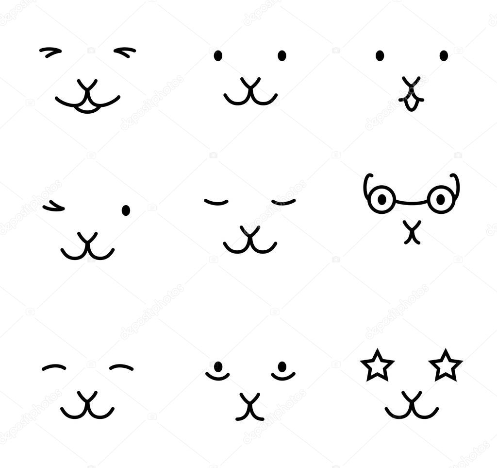 Set of flat design emotions icons (faces) with different emotive feelings. Black vector cartoon emoticon character (emojis).  Symbols of face expression isolated on white background