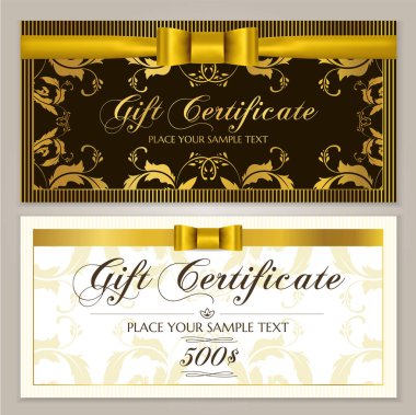 Hediye sertifikası şablonu (hediye çeki düzen, kupon şablonu). Hediye kartı tasarım örnek Altın Yay, şerit ve çerçeve çiçek sınır. Restoran için desen arka plan / dükkan hediye sertifikası