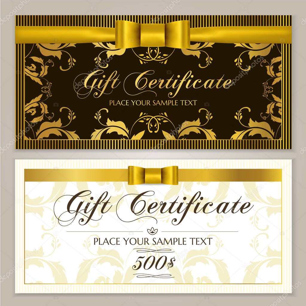 Gift certificate template (Gift Voucher layout, Coupon template). Gift card design example with golden bow, ribbon and floral frame border. Background pattern for restaurant / shop gift certificate