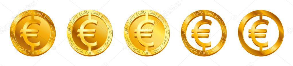 Vector money Euro sign (Euro coin icon) isolated on white background. Golden  EUR coin symbol design, European currency banking concept illustration