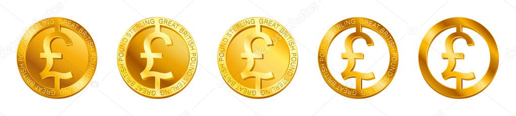 Vector money Great British Pound Sterling sign (Sterling coin icon) isolated on white background. Golden GBP coin symbol design, Great Britain currency banking concept illustration
