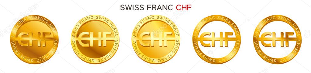 Vector money Swiss Franc sign (Swiss Franc coin icon) isolated on white background. Golden CHF coin symbol design, Swiss National Bank currency (banking concept illustration)