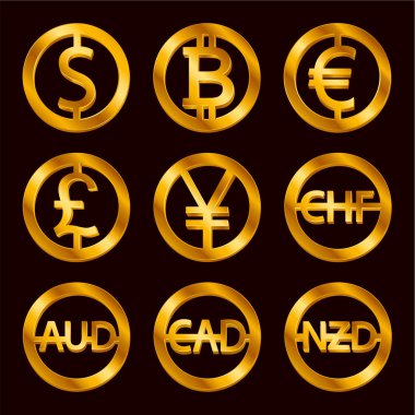 Dünya para birimleri işaretler: dolar simgesi, bitcoin para, euro simgesi, bekleme Sterlini sembolü, İsviçre frank vs. İzole altın sikke simge tasarım, konsept vektör çizim bankacılık web para birimi