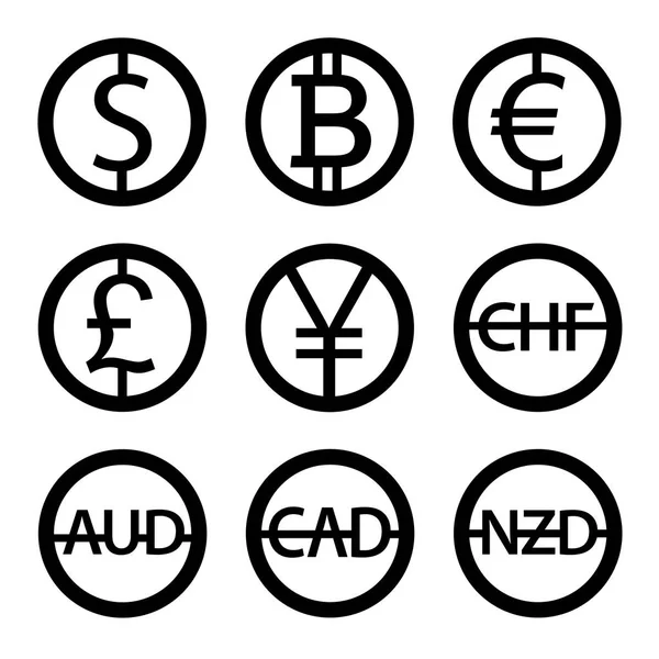 Sinais Moedas Mundo Ícone Dólar Moeda Bitcoin Sinal Euro Símbolo — Vetor de Stock