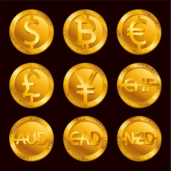 Signos Monedas Del Mundo Icono Del Dólar Bitcoin Signo Del — Vector de stock