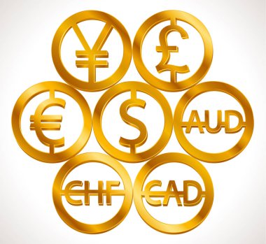 Dünya para birimleri işaretler: dolar simgesi, euro simgesi, bekleme Sterlini sembolü, İsviçre frank vs. İzole altın simgeleri tasarım, konsept vektör çizim bankacılık web para birimi