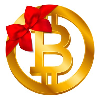 Kırmızı yay, kırmızı kurdele ile beyaz arka plan üzerinde izole cryptocurrency Bitcoin işareti (Bitcoin simgesi) vektör. Hediyelik altın B sikke simge tasarım, konsept illüstrasyon bankacılık dijital sanal kripto para birimi
