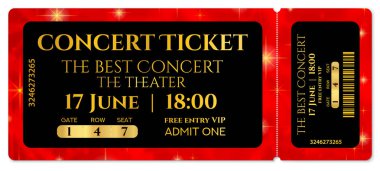 Bilet şablon, konser bileti yıldız (Bilet ayırma mockup) kırmızı yıldızlı glitter arka plan üzerinde. Herhangi bir festival, parti, sinema, olay için yararlı, eğlence göstermek, film